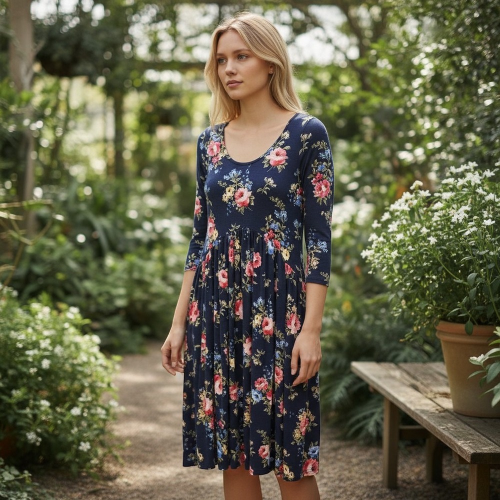 Agnes & Dora Floral Midi Dress Size XS Stretch Navy Cottagecore Boho